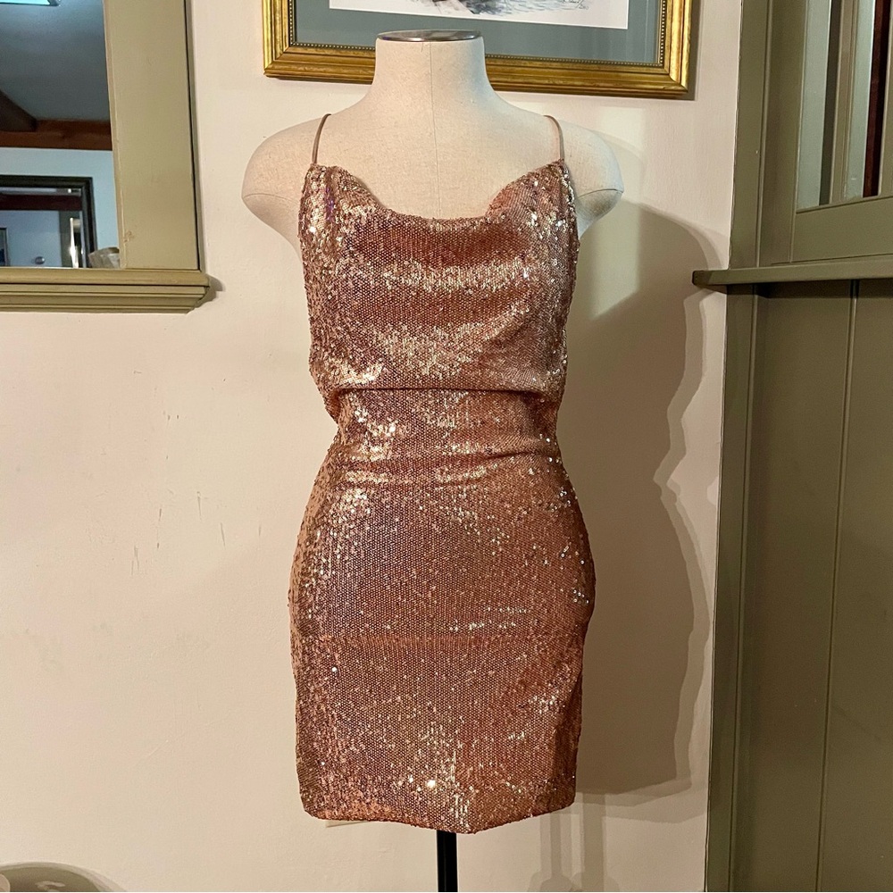 Pink Owl Gorgeous Rose Gold Sequin Mini Dress NWOT